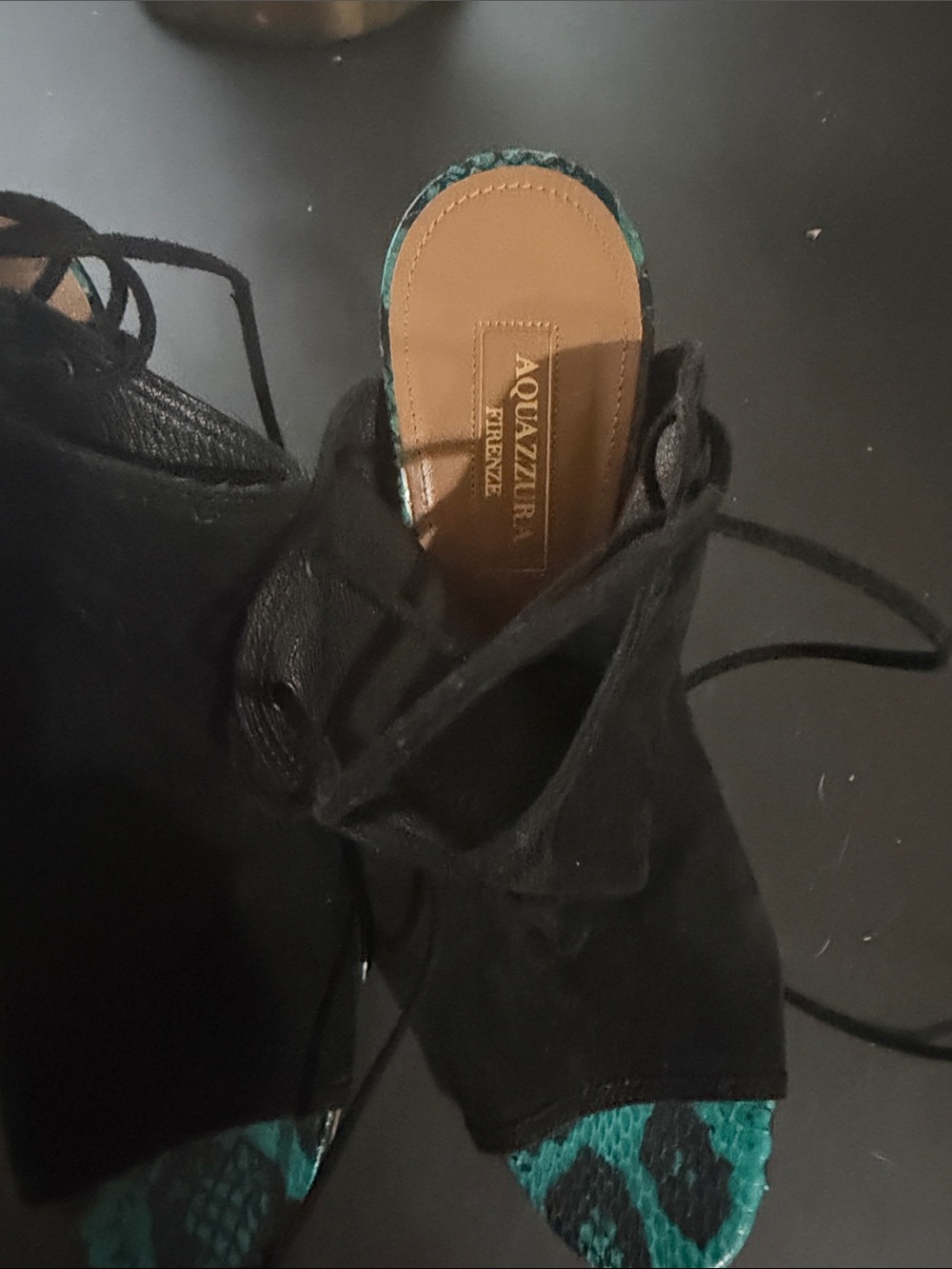 Aquazzura Black Suede Lace-Up Mules with Teal Snakeskin Accent